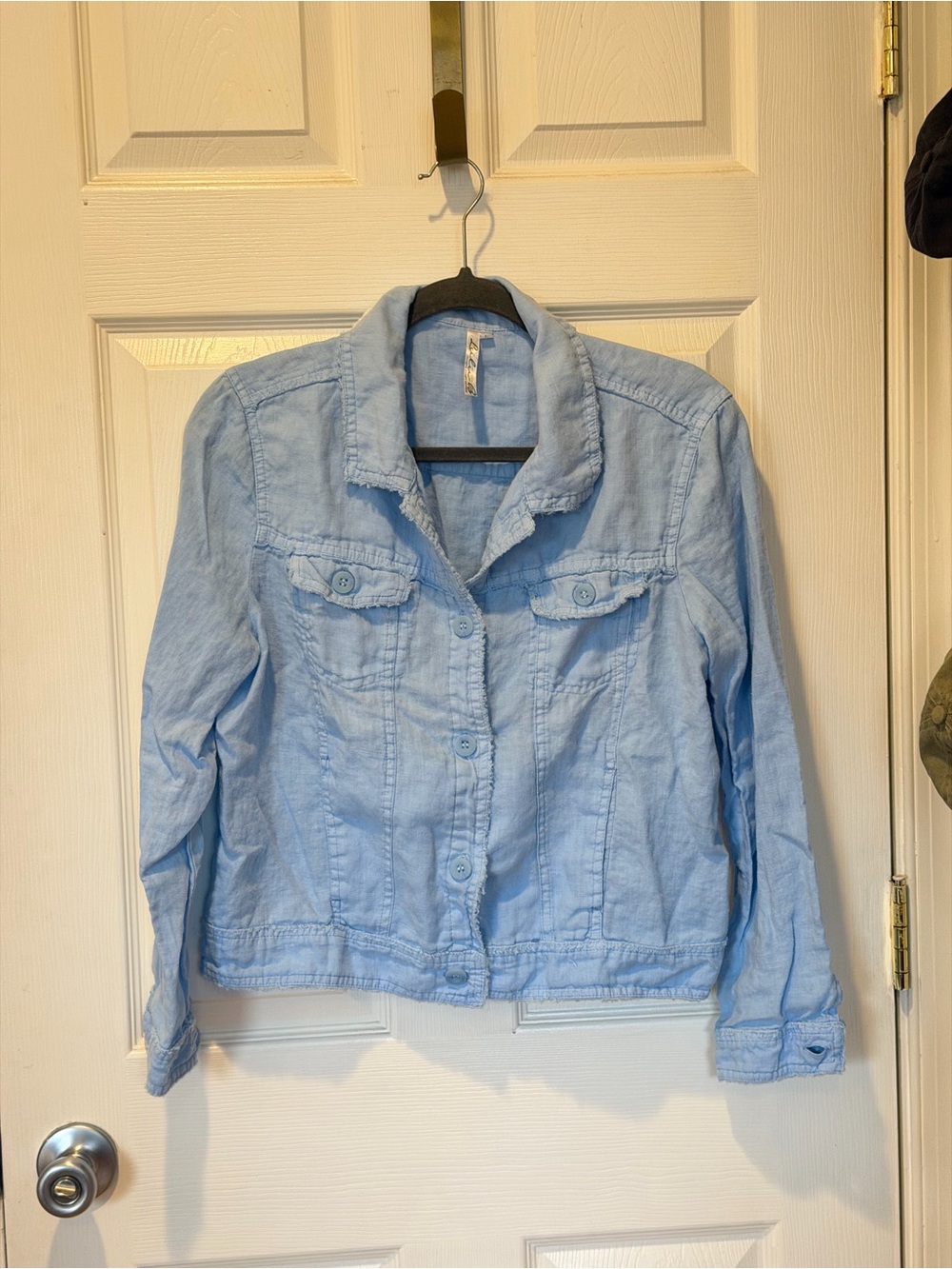 Light Blue Womens 100% Linen Raw Edge Jacket